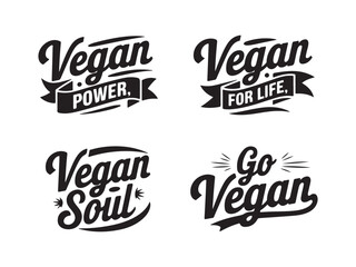 Set of Four Black-and-White Vegan-Themed Typography Designs with Decorative Flourishes