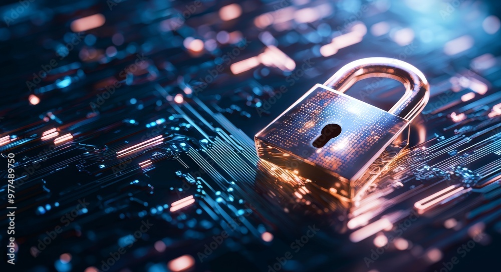 Poster On the virtual dashboard, there is a digital padlock icon, Cyber security technology that protects the network and data. Online internet authorized access against cyber attacks that threaten privacy
