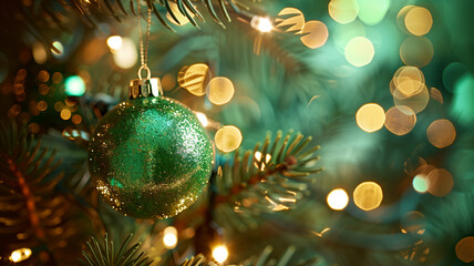 Closeup of Pine Branch with Green Bokeh Lights and Christmas ball
