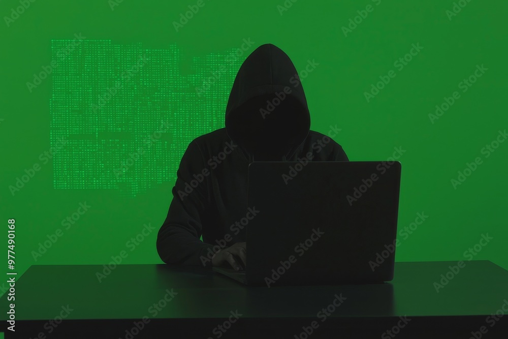 Poster Communication, hacking, malware, hud, science and future concept with hacker using laptop on dark background.