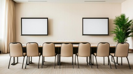 Conference-focused hotel meeting room with dual projection screens
