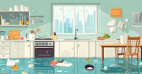 Fototapeta premium Illustration of a Flooded Kitchen with Water Damage and Floating Debris