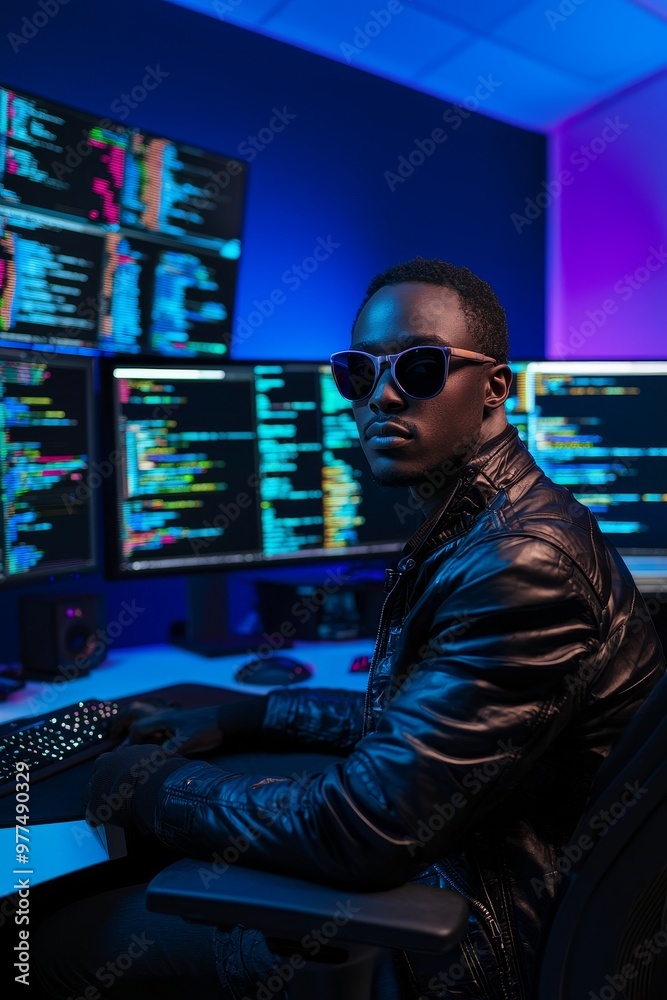 Poster During his time at the desk, the young African developer is sitting on an armchair and typing while he looks at coded data on the computer screen