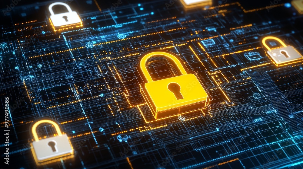Poster Concept of digital padlock icon. Information on cyber security and safety, concept of personal data. Three-dimensional rendering.