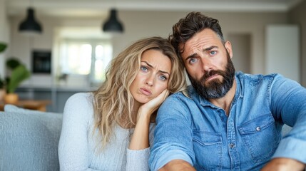 Fototapeta premium A couple sits closely on a couch, wearing comfy clothing, both looking sad and pensive, as if contemplating a difficult situation or conversation.