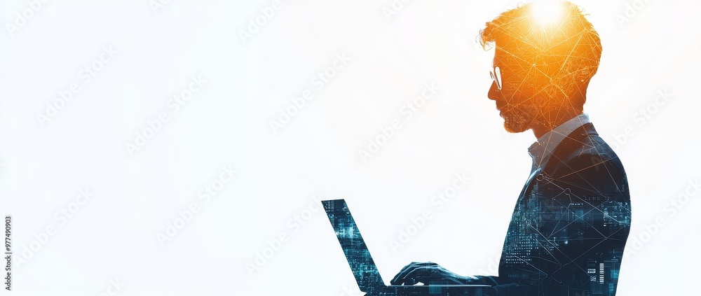 Poster Global business concept using digital technology, data exchange, cloud computing. Businessman working with laptop and digital tablet connected to internet network.
