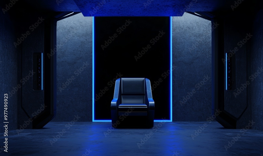 Leinwandbilder An illustration of a sci-fi product podium in a spaceship with white and blue background. Space technology and object concept. A 3D illustration.