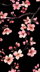 Watercolor Painting of Pink Cherry Blossoms on Black Background