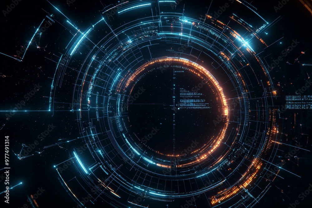 Fototapete A quantum computer banner design template concept of gravitational waves. A stock image of deep learning algorithms. A visual representation of large data sets for business, science, and technology