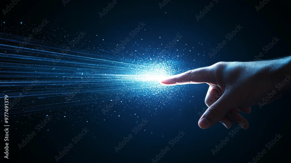 Poster Hand-touch digital hologram and innovative internet system on VR cyberspace interface with virtual computer screen display.