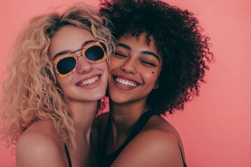 The view shows a cheerful young woman embracing and having fun while applying beauty hydrogel patches under her eyes. An image of the women is captured over a pink background.