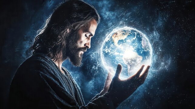 Abstract art of Jesus holding the world in his hands, radiant light symbolizing protection and care