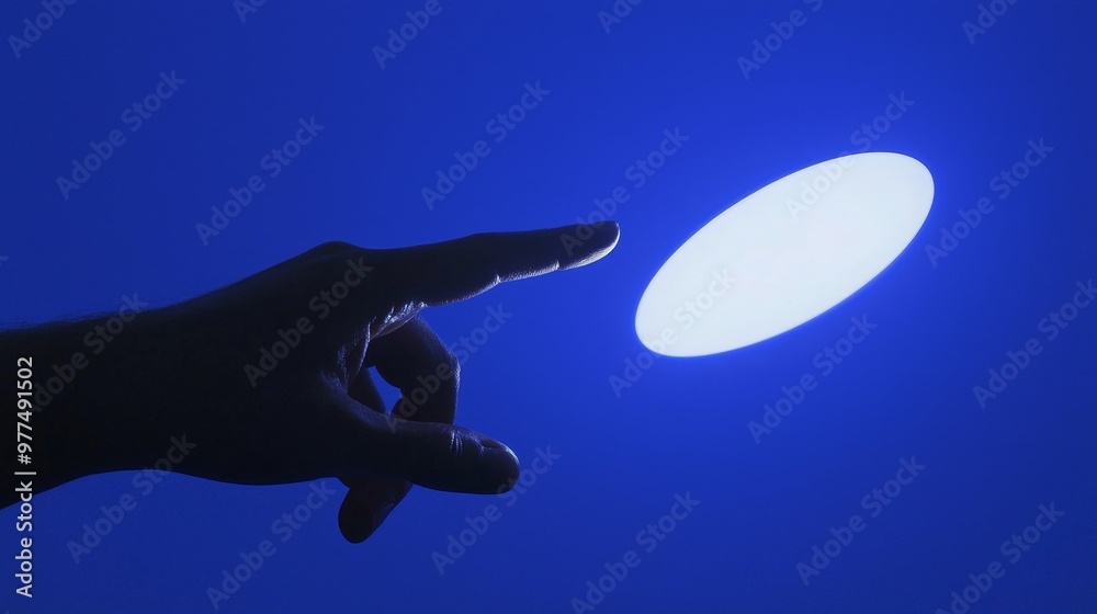 Poster A hand-touch digital hologram on a virtual computer screen display UI background of a future concept for cyber communication in a virtual reality environment.