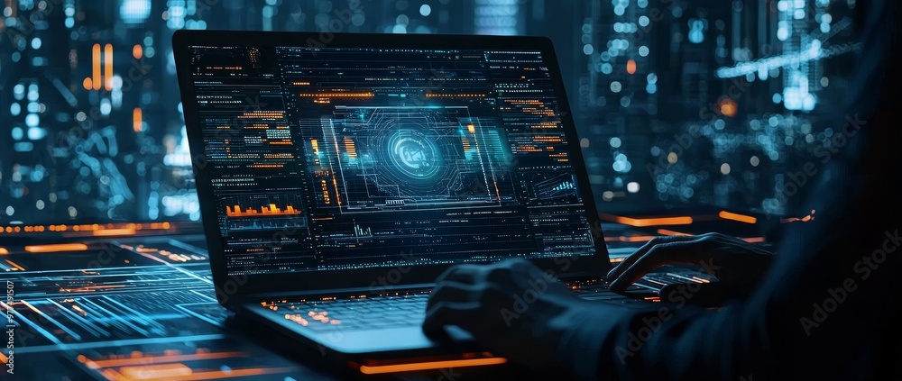 Poster internet technology, digital technology, futuristic innovation technology, man using laptop and mobi