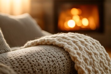 Cozy knitted blanket resting on armchair in front of fireplace