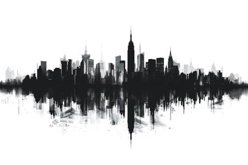 Fototapeta premium Cityscape with tall skyscrapers and office buildings. Panoramic landscape of the metropolis. Silhouettes of a modern city. Business district of the city. Vector illustration for design in flat style.