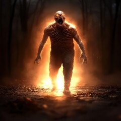 Obraz premium A terrifying creature emerges from darkness, illuminated by an eerie glow in a misty forest, evoking fear and intrigue.