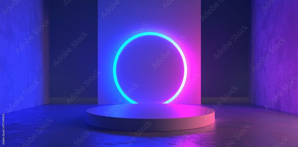 Aufkleber The interior architecture of a spaceship with an empty podium surrounded by glowing neon for the presentation of an upcoming cyberpunk product. 3D illustration rendering.