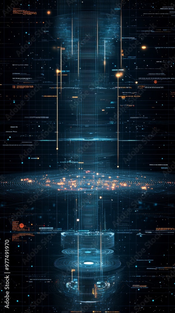 Poster Streaming vertical animation with cube particle. Concept of crypto currency, big data, blockchain, and digital technology. 3D rendering.