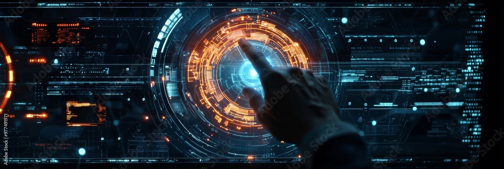 Poster The metaverse universe: Data science for the next generation technology era. Data science woman touching the metaverse universe.