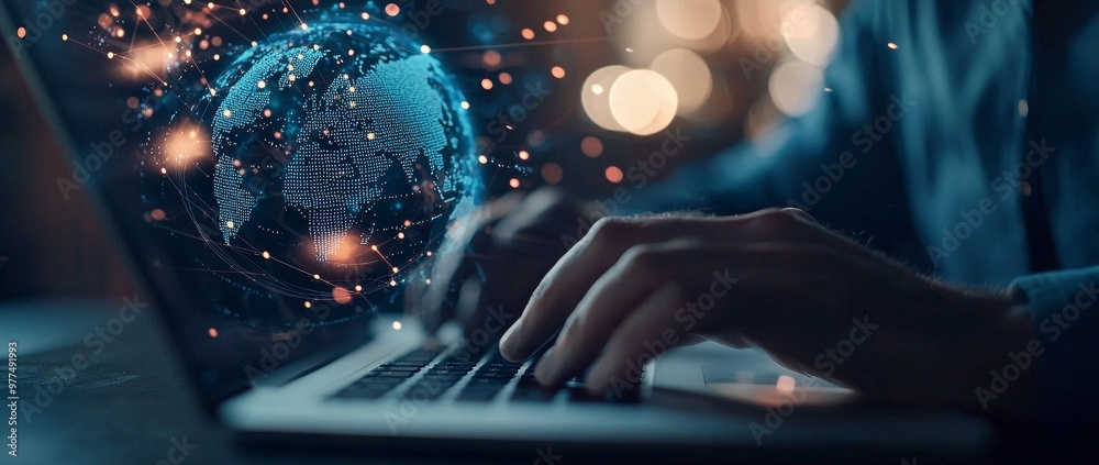 Aufkleber Man using mobile phone and laptop with web network technology. Digitized technology, internet network connection, futuristic innovation technology