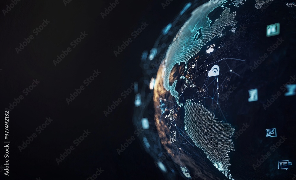 Aufkleber global connection, earth sphere and digital hud with icons