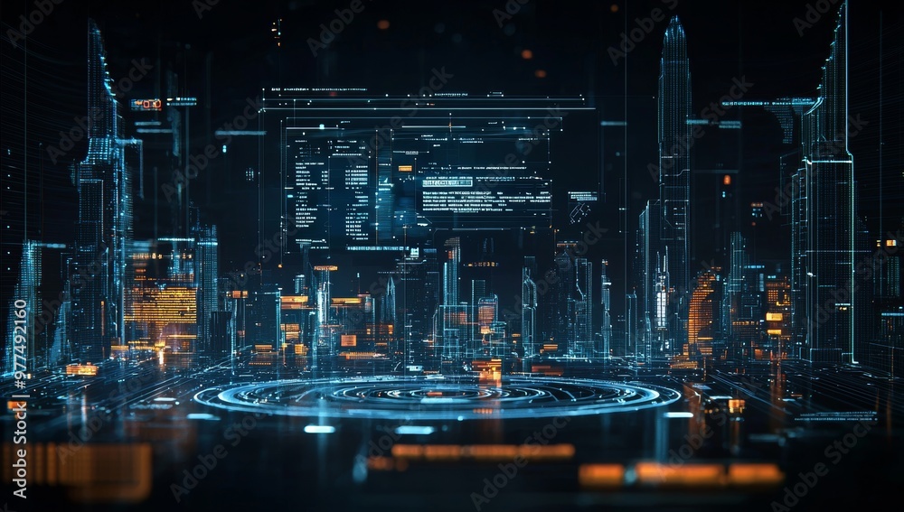 Canvas Prints Conceptual illustration of a smart city at night, application development, Internet of things, smart life, information technology, gradient grid line, and metaverse connection technology