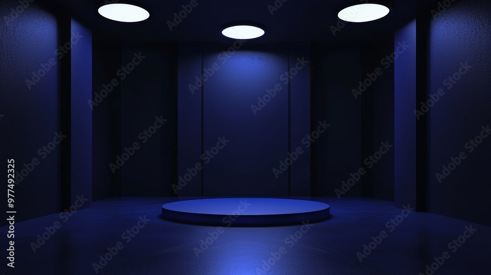 Poster For a technology product, crypto computer, cyber punk game or high tech background, this picture may be used as a 3D rendering of a sci fi pedestal in a scientific laboratory with mechanical robot