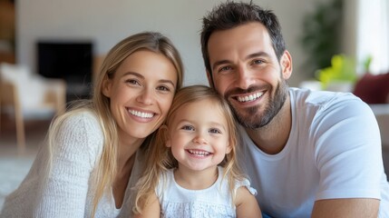 Fototapeta premium A joyful family, including a smiling young daughter, poses together, reflecting shared happiness and familial love within the warmth and comfort of their home environment.