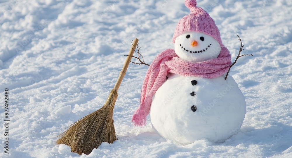 Poster a holiday greeting card with copy-space featuring a happy snowman standing in a landscape with a sno