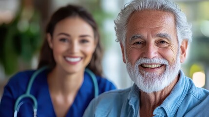 An elderly man smiles while accompanied by a nurse in a medical setting, symbolizing care, support, and the importance of compassionate healthcare services indoors.