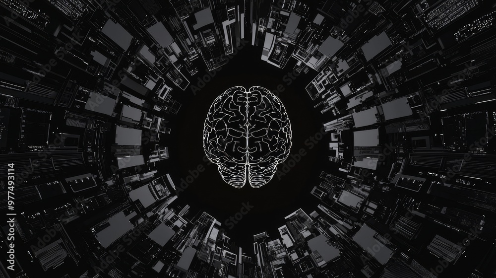Poster abstract background with blue digital brain logo rotating hud circle technology interface