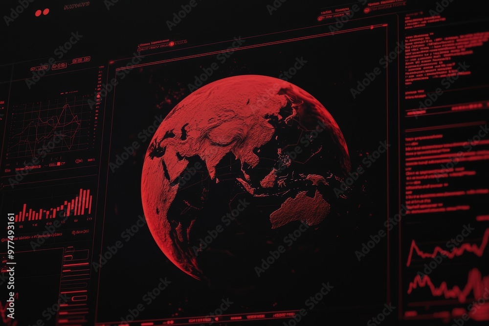 Aufkleber Global statistics data concept with screen texture of digital interface and world map at center. 3D rendering.