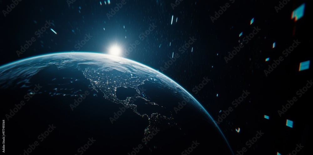 Aufkleber 3D rendering of global network connection and innovation concept with screen texture of abstract global stats data on digital interface, world map on dark technological background.