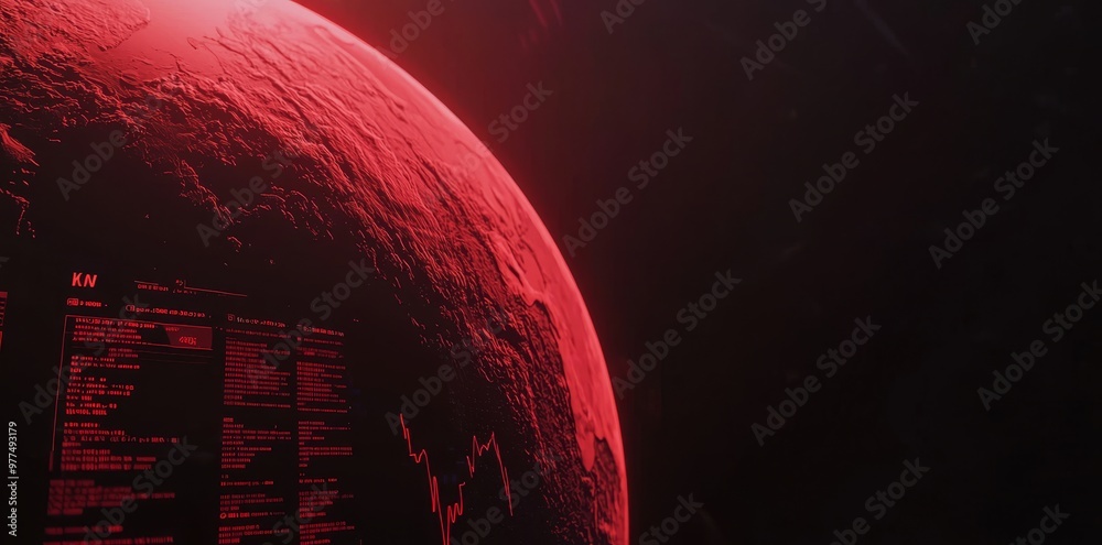 Poster In the center of the composition is a world map, surrounded by abstract global data stats on a dark technological background. 3D rendering.