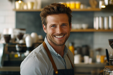 Fototapeta premium Handsome Caucasian male baritsta with copy space 