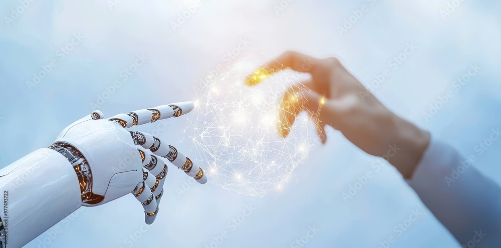 Poster AI, machine learning, touch by robots and humans to large data sets of global network connection, internet and digital technology, and science and stock digital technologies of future.