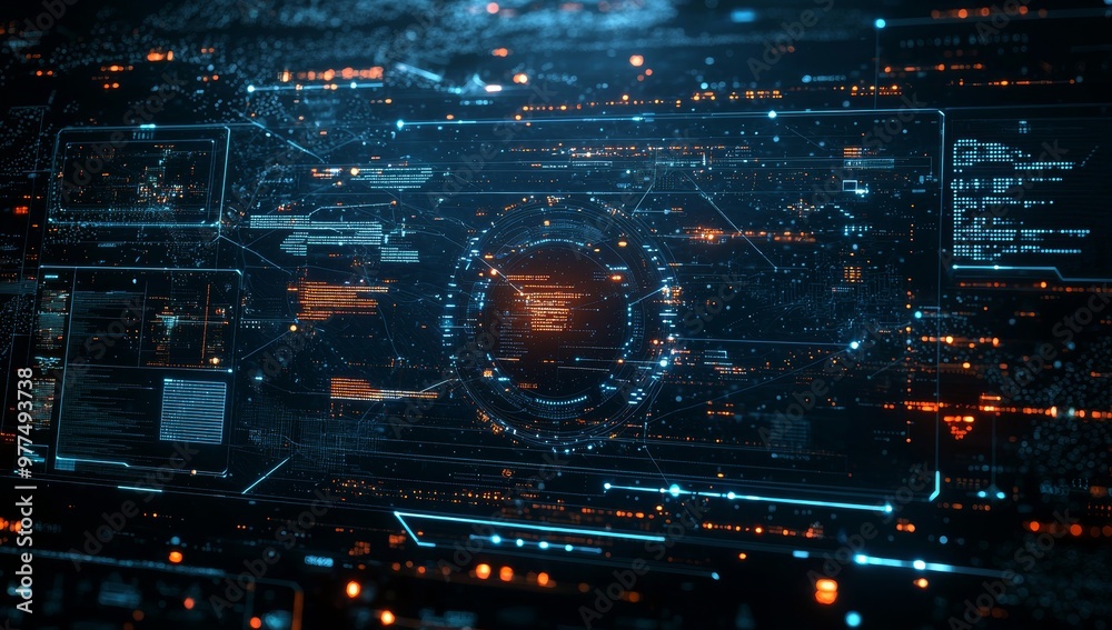 Poster In this miniature cityscape, high-tech data network color grids are overlaid with cinematic coloring created with Stock Technology.