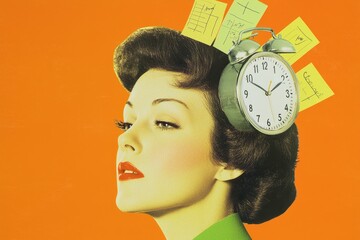 She holds a mess of documents and watches around her head. She is struggling with time management, chronic fatigue, and overworking. She is holding contemporary art collages, modern designs, and