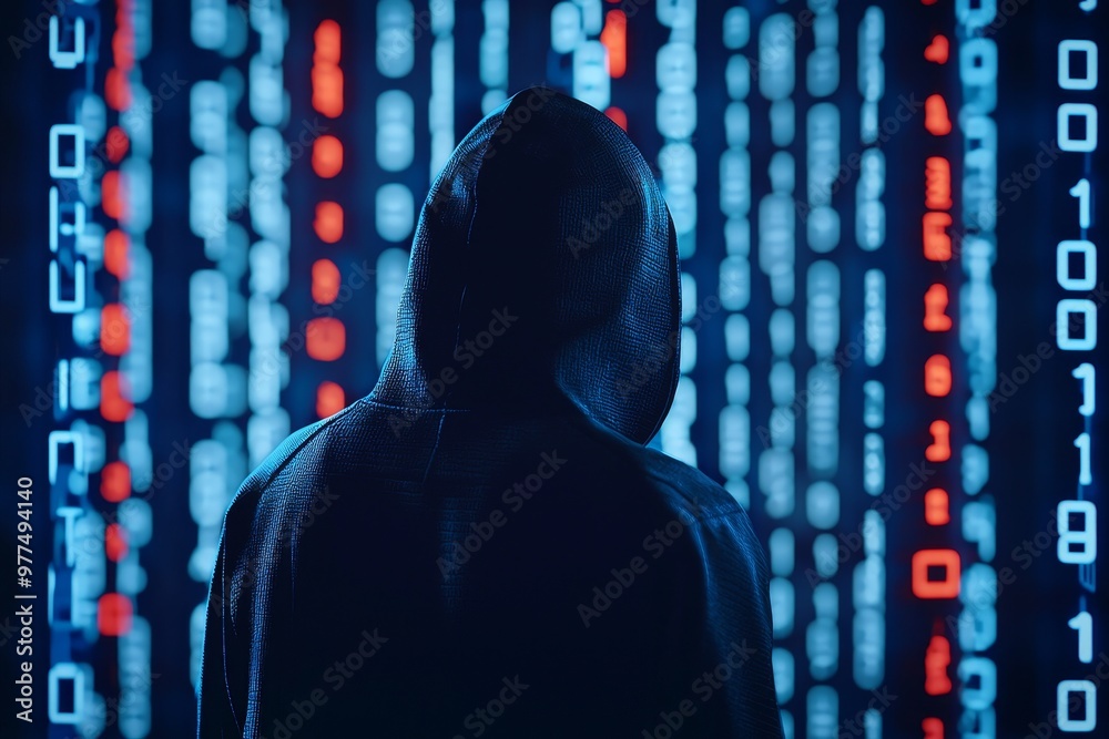 Poster Cyber security system cyber attack with abstract image of unrecognizable hacker in hood with dark space and matrix instead of face. Stock image.