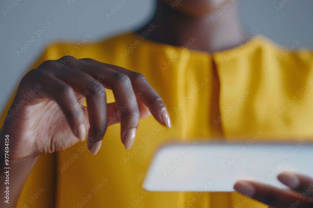 Poster woman of color with tablet and futuristic touch screen controlling digital innovation, planning or o