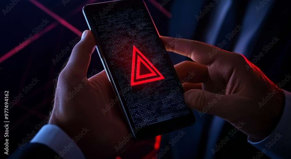 Aufkleber Hacking alert on computer network. A businessman is working on a mobile phone when he receives a warning notification error message. Malicious software, viruses, and cybercrime affecting the network,