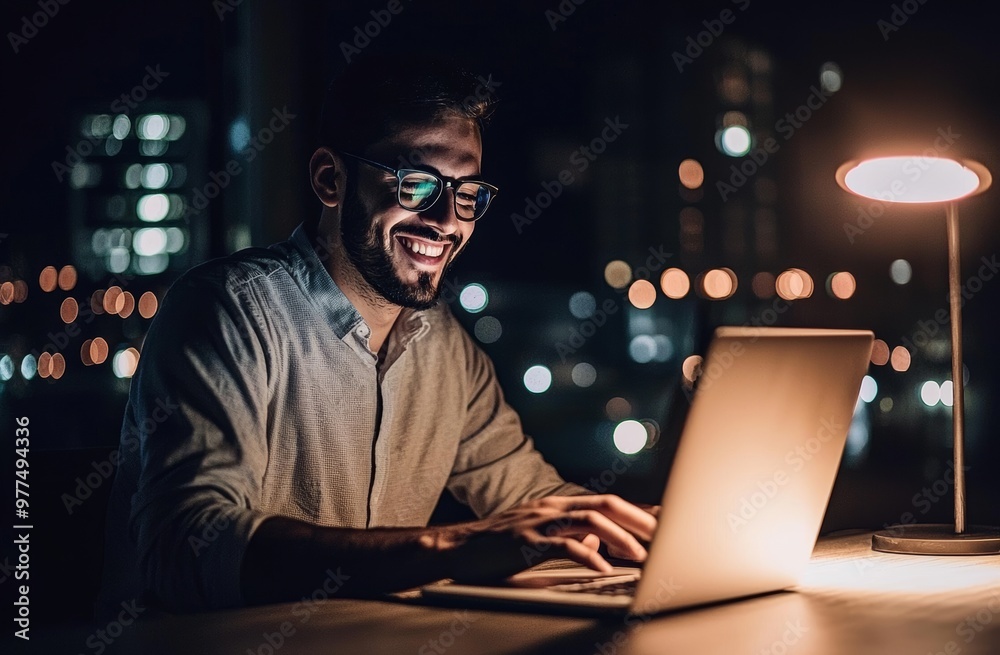 Aufkleber The image is of a businessman with a laptop during an email, communication or online coding session. The image is of a male programmer typing on a computer during a computer development session.