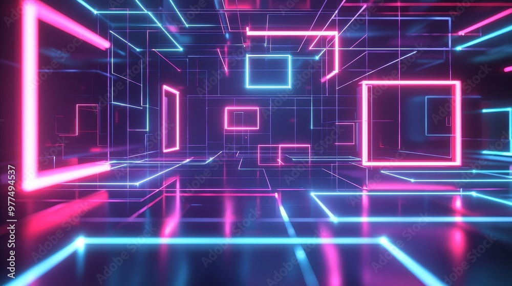 Aufkleber an abstract geometric background with neon lines and shapes glowing in ultraviolet light, in 3d, sto