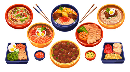 Traditional Korean Cuisine Meals Includes Bowls Of Noodles, Rice Dishes, And Sides With Vibrant Ingredients, Vector Set