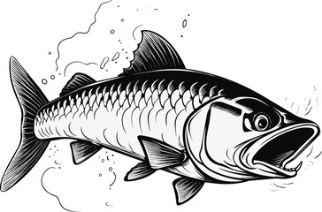 Detailed Barracuda Fish Engraving  Hand Drawn Marine Predator Art