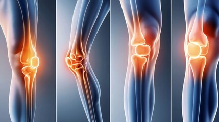 Naklejka premium A medical infographic showing different types of knee pain treatments, with the knee joint glowing to indicate improvement after treatment