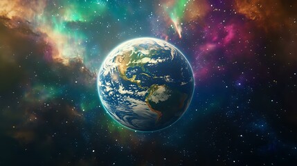 Obraz premium A crystal-clear Earth floating in space, with the colorful auroras of a distant planet in the background, highlighting interstellar exploration and unity