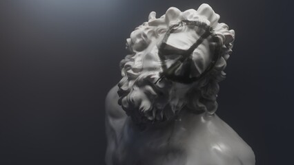 Fototapeta premium Marble head of Laocoon with graffiti in the form of a pacifist sign on his face, ancient Greek sculpture, 3d render