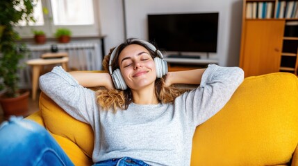 Fototapeta na wymiar A young woman sits back on a mustard-colored sofa, eyes closed and completely immersed in music from her headphones, radiating joy and relaxation.